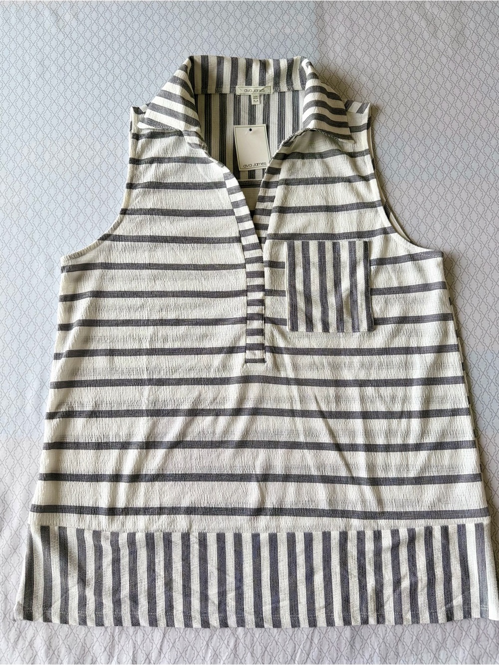 Sleeveless Button-Down Stripe Polo Tank - Cream & Gray